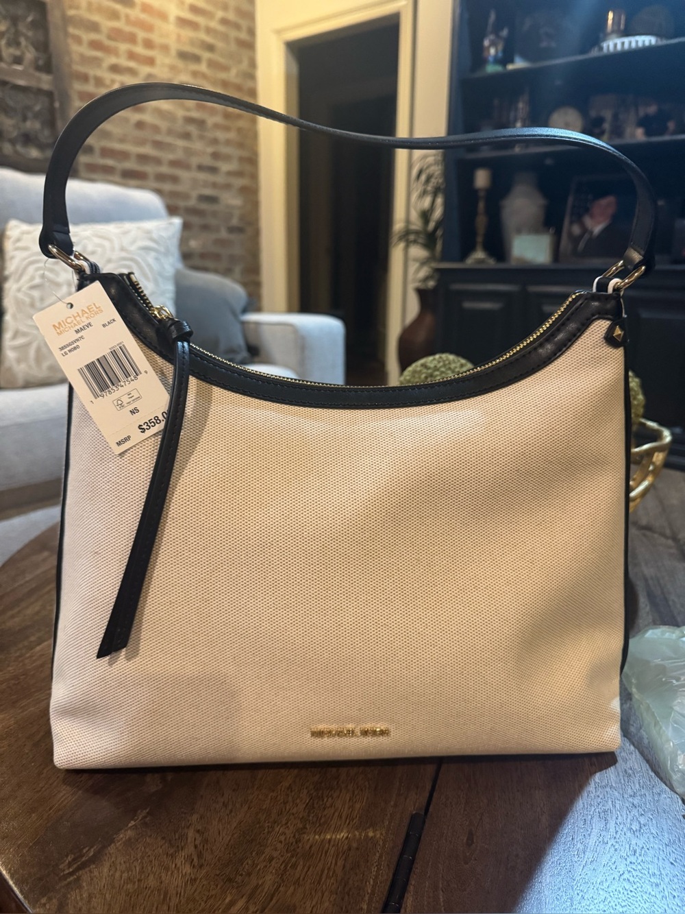 Michael Kors Beige Canvas Shoulder Bag with Black Trim